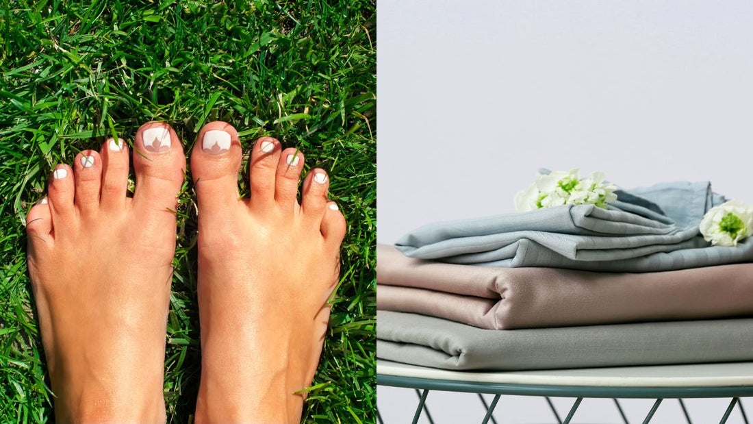 Barefoot Grounding vs. Grounding Sheets: What's the Difference? Comparison of feet on grass and grounding sheets.