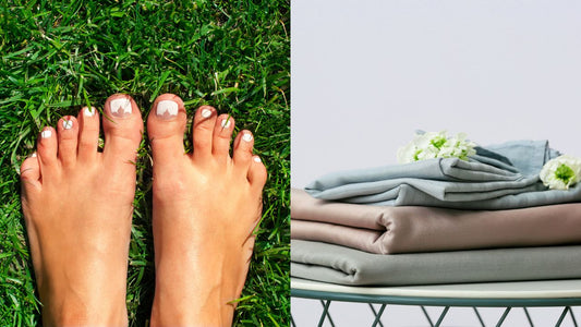 Barefoot Grounding vs. Grounding Sheets: What's the Difference? Comparison of feet on grass and grounding sheets.