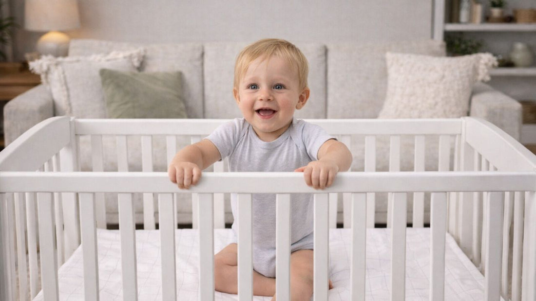 baby in a grounding bedsheet crib