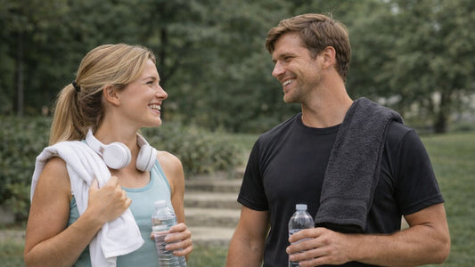 man and woman talking after working out