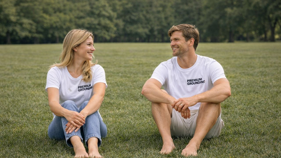 man and woman sitting on grass at a park trying to do grounding