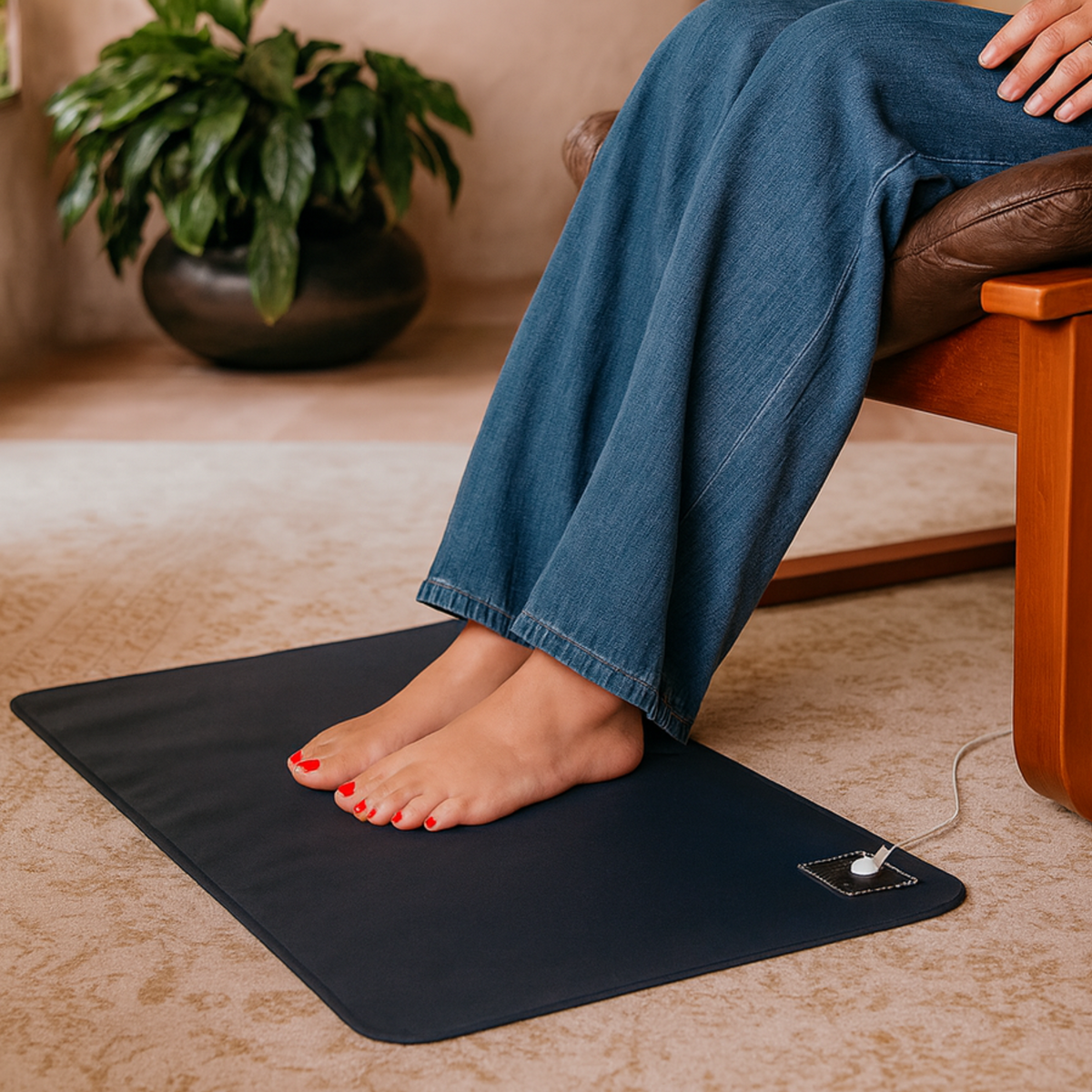lady sitting on chair with feet on grounding mat