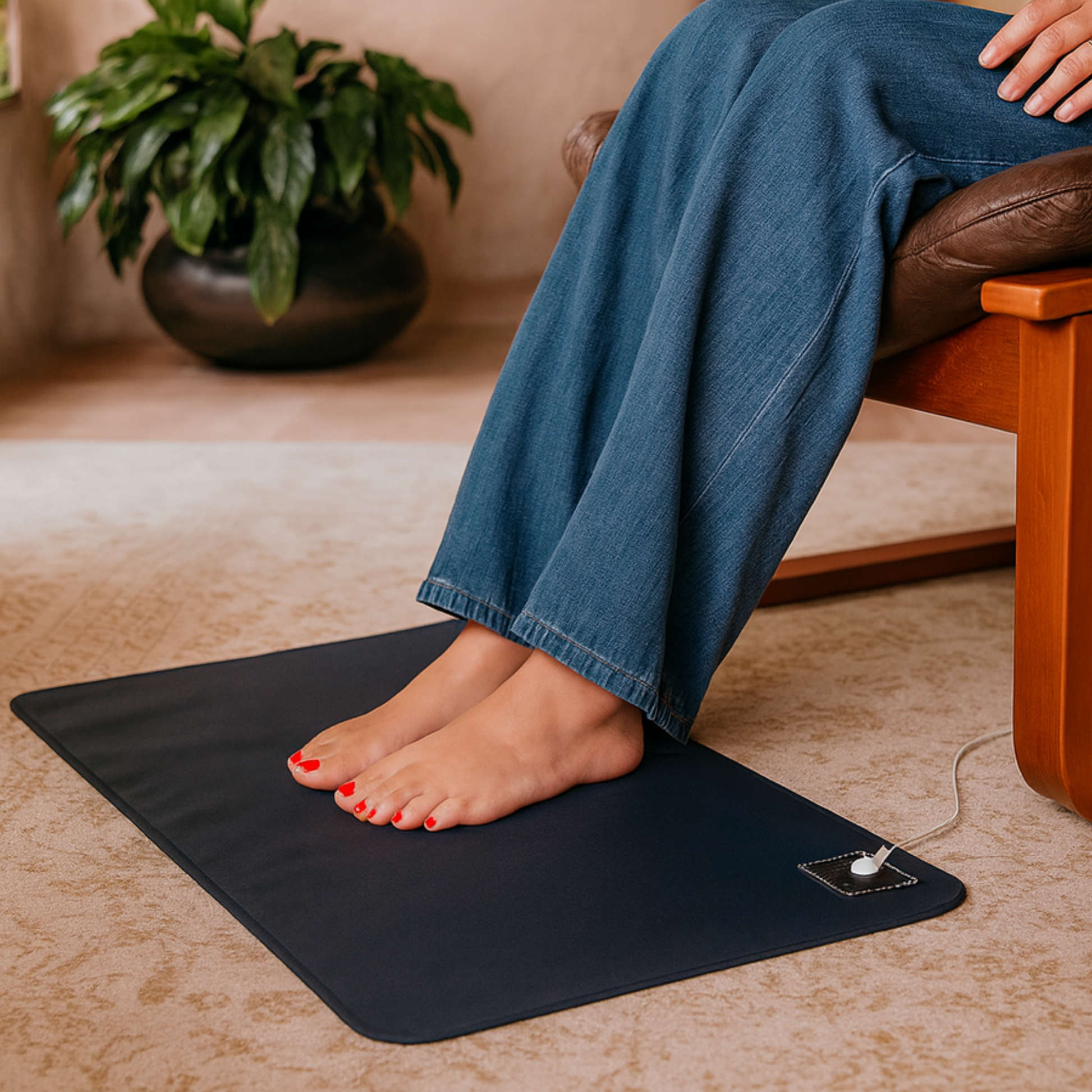 lady sitting on chair with feet on grounding mat
