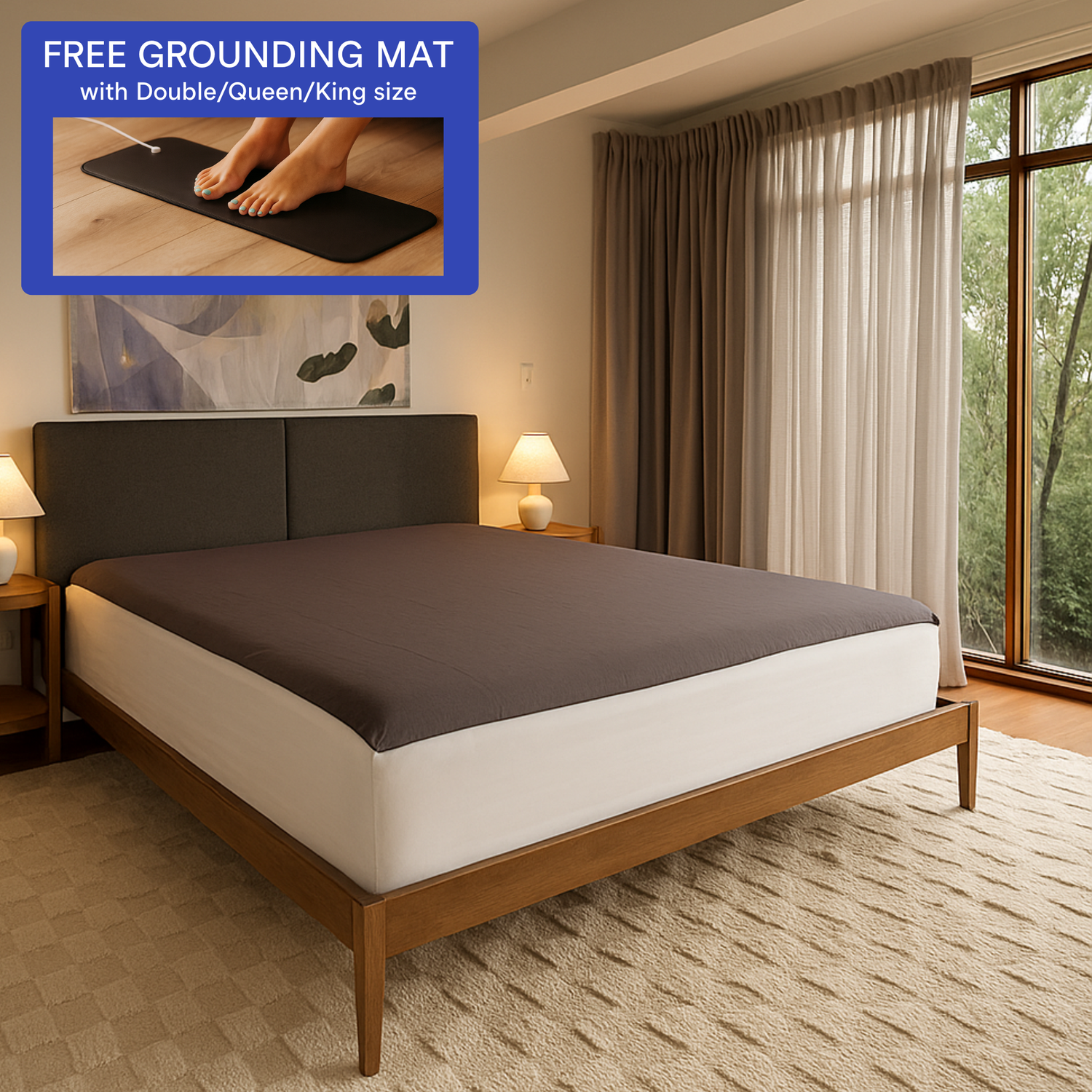 Grounding & Earthing Bed Sheets on a bed with a free grounding mat promotion in a cozy room.