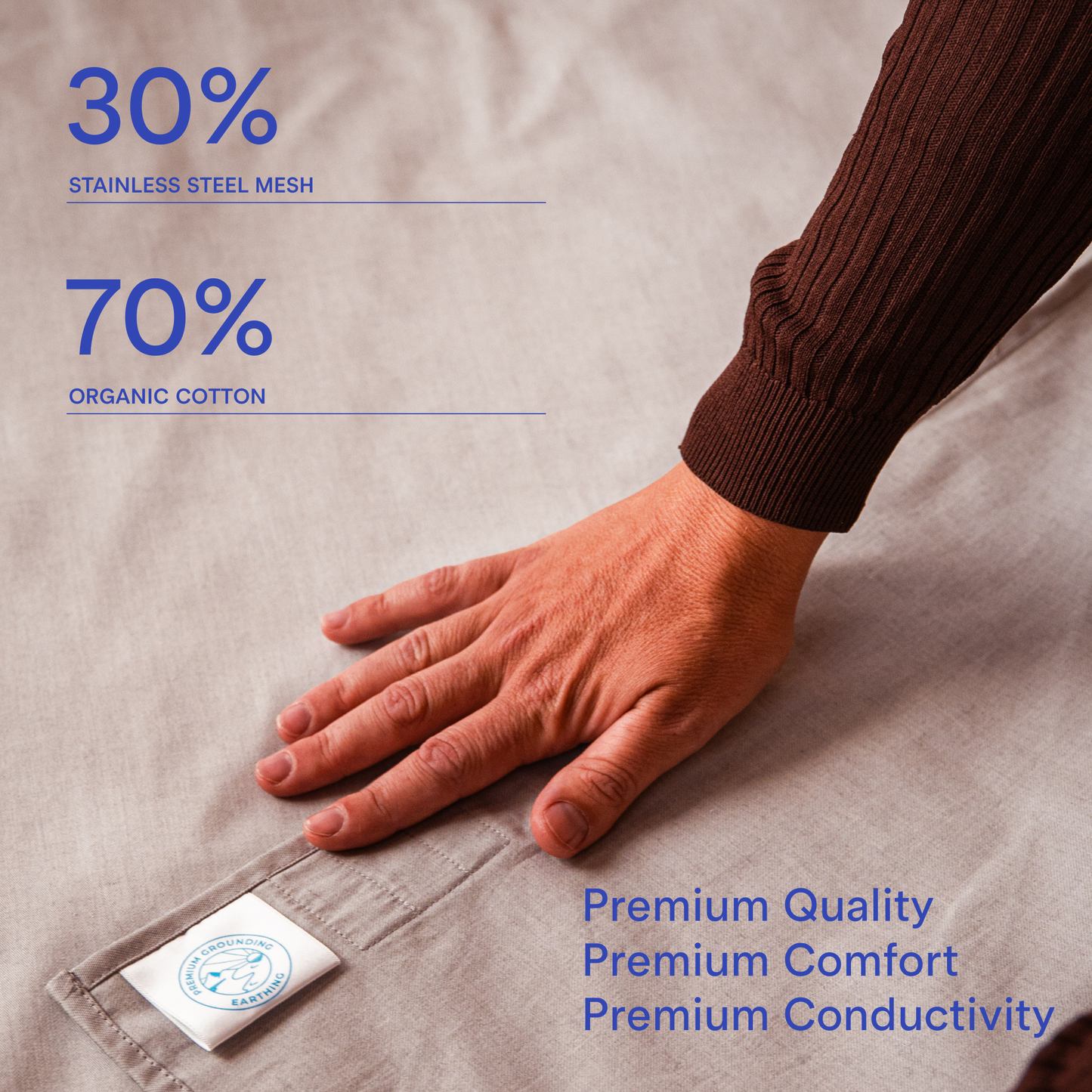 Close-up of a hand on the Multi-Purpose Grounding Pad showcasing its materials: 30% stainless steel mesh and 70% organic cotton.