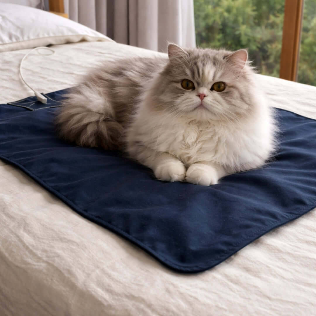 cat lying on a pet grounding mat at bed