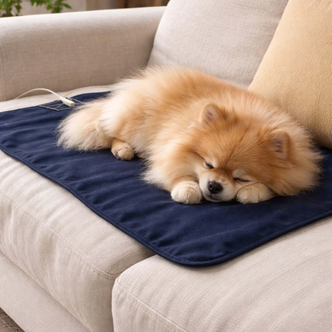 small dog resting on a pet grounding mat at a sofa bed