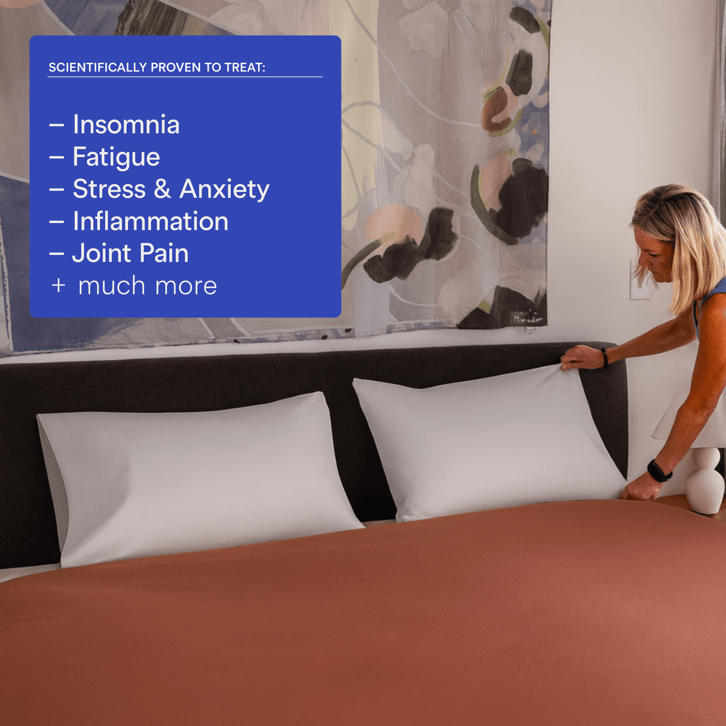 lady making bed with grounding pillowcases