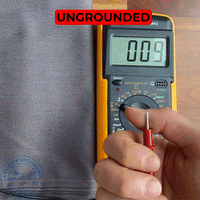 hand touching grounding sheet and reducing voltage with multimeter