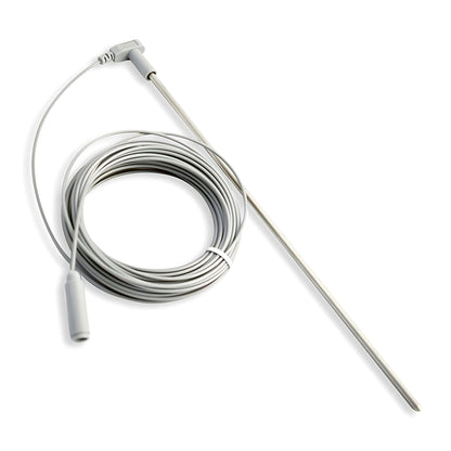 Stainless steel grounding rod with connection cable on white background