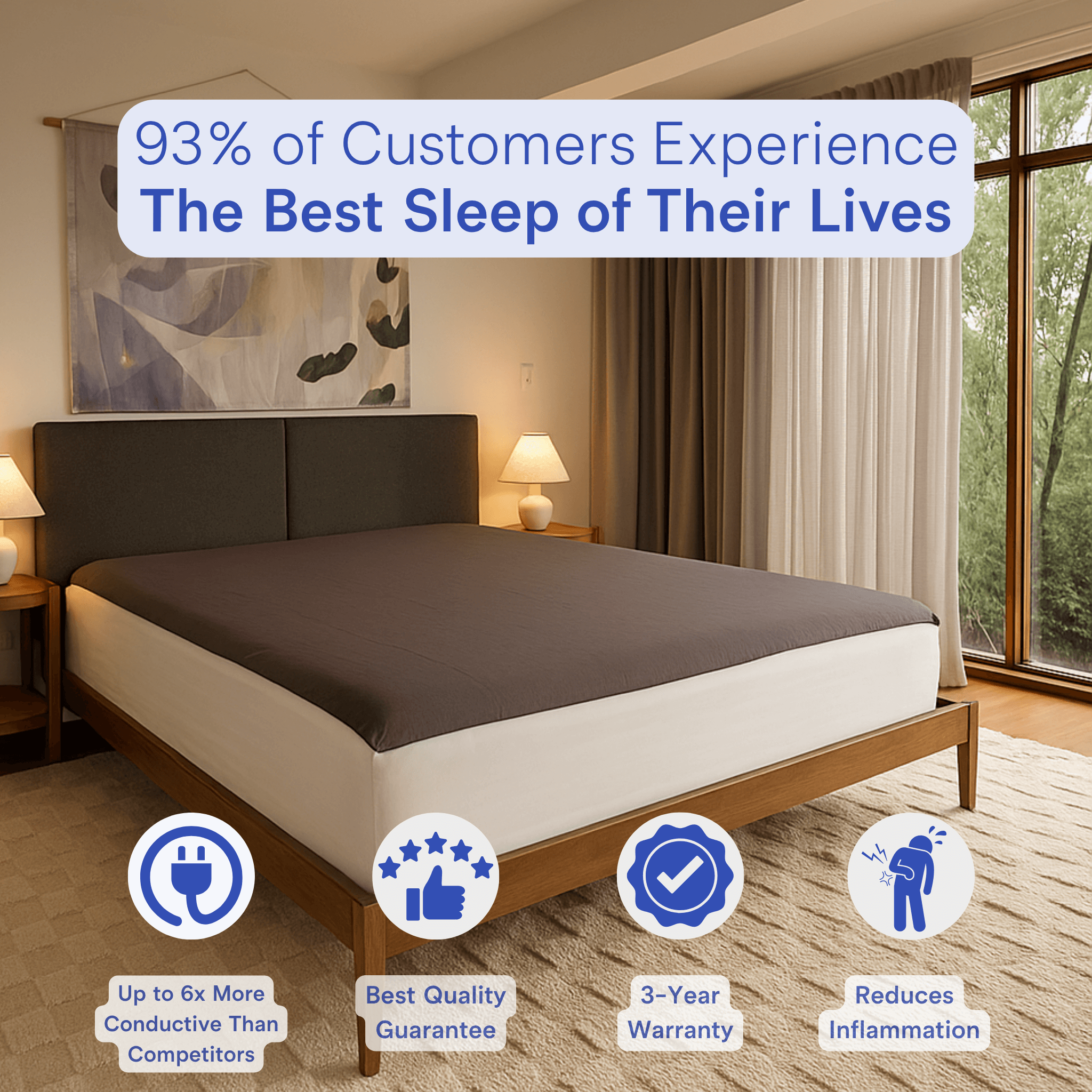 Bedroom with a bed and nightstands, featuring customer satisfaction text and product features icons.