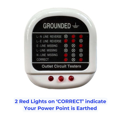 Socket tester LED indicators displaying a correctly grounded outlet