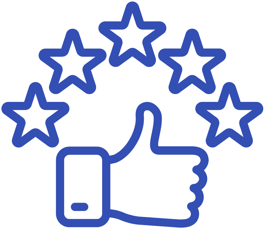 Blue outline of a hand giving a thumbs up with five stars above on a white background
