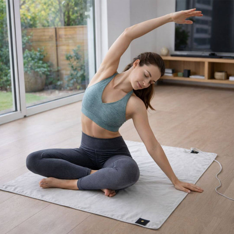 Woman practicing yoga on a grounding pad in a home setting